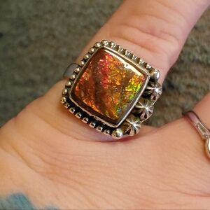 Fiery Ammolite Sterling Silver Ring Size 6